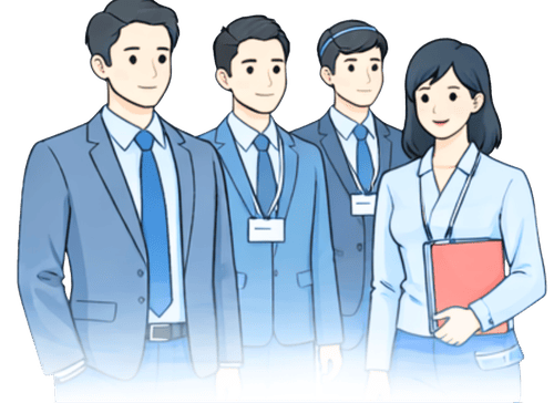 スーツ姿の男性3名と書類を持つ女性1名で構成されたビジネスチームのイラスト