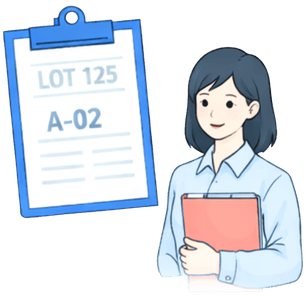 LOT番号・品番が記載されたクリップボードを持つ女性スタッフのイラスト