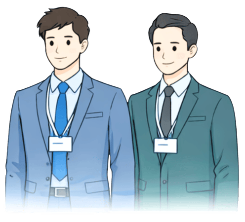 スーツ姿の男性2名が並ぶベテランスタッフのイラスト