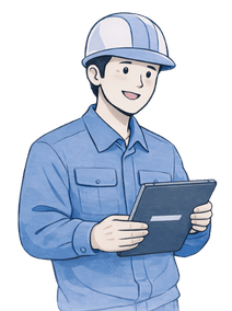 白いヘルメットと作業着を着た製造業の担当者がタブレットを手に持つイラスト