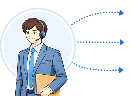 スーツとヘッドセットを着用したディレクターが複数の業務依頼を振り分けているイラスト