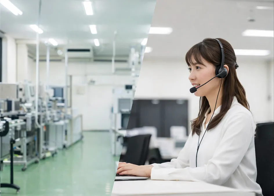 製造業向けオンライン事務サービスのスタッフ女性がヘッドセットをつけてパソコン対応している様子