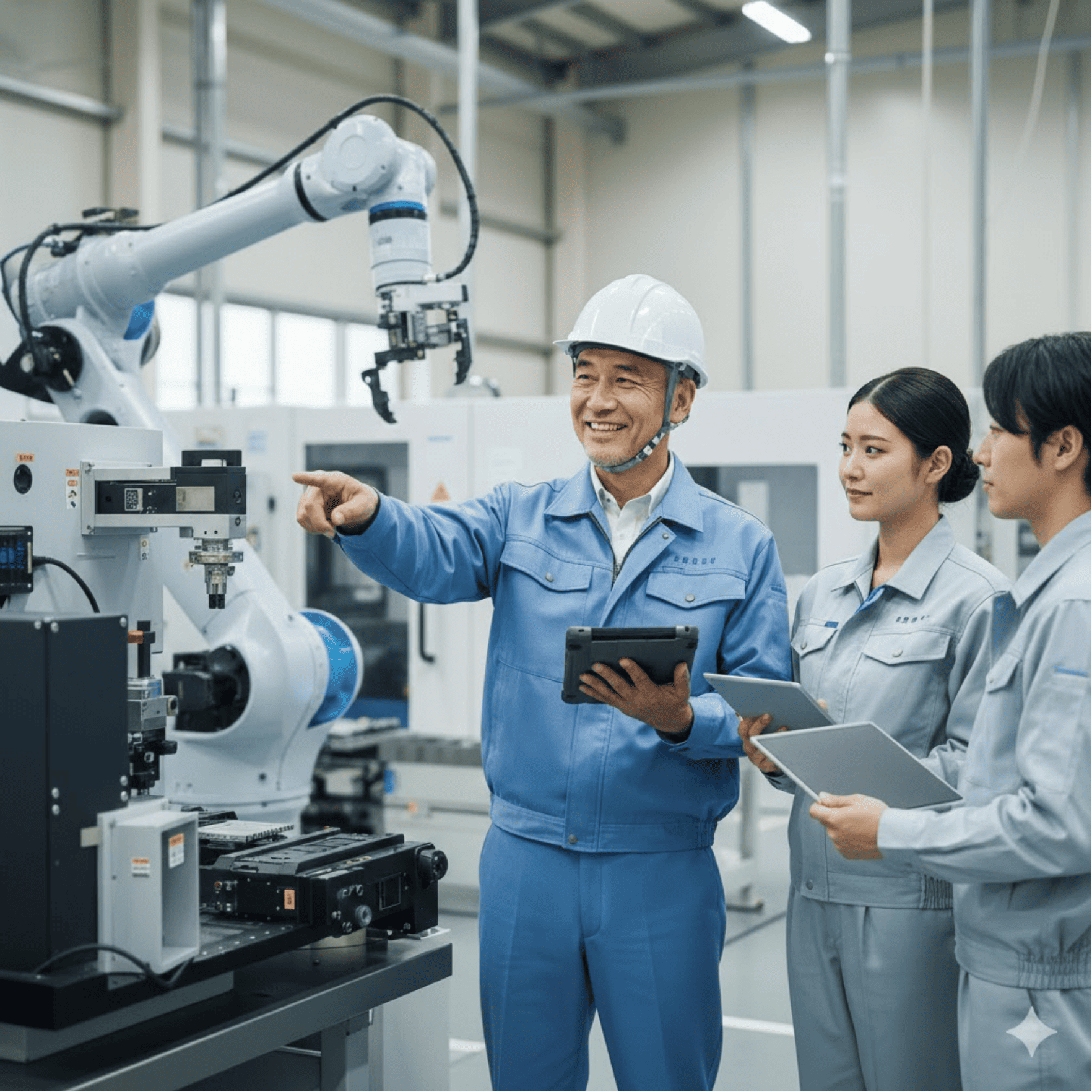 工場内でヘルメット着用の責任者がロボットアームを指差し部下に説明している写真