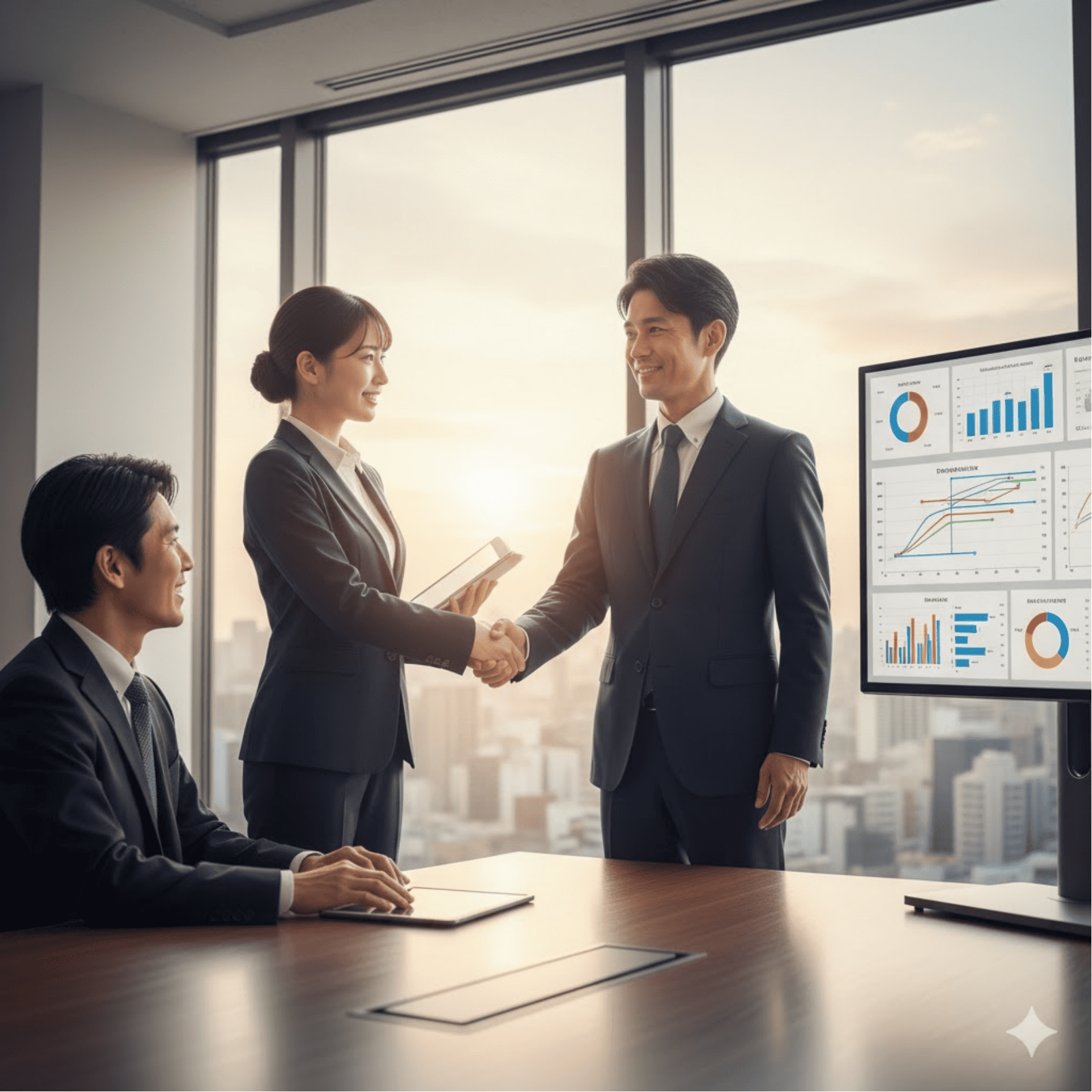 会議室でビジネスパーソン同士が握手し商談が成立している写真。背後に業績グラフが映ったモニター