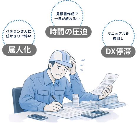 書類の山を前に頭を抱える作業服の男性のイラスト。属人化・時間の圧迫・DX停滞という工場の事務課題を表現
